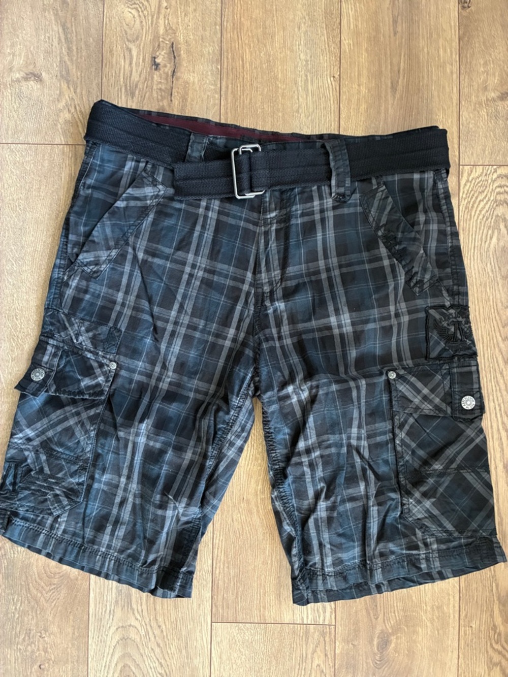 Affliction Black Plaid Cargo Shorts with Belt